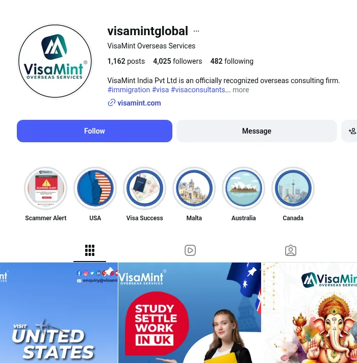 Instagram (public view), captured Oct 2026: instagram.com/visamintglobal